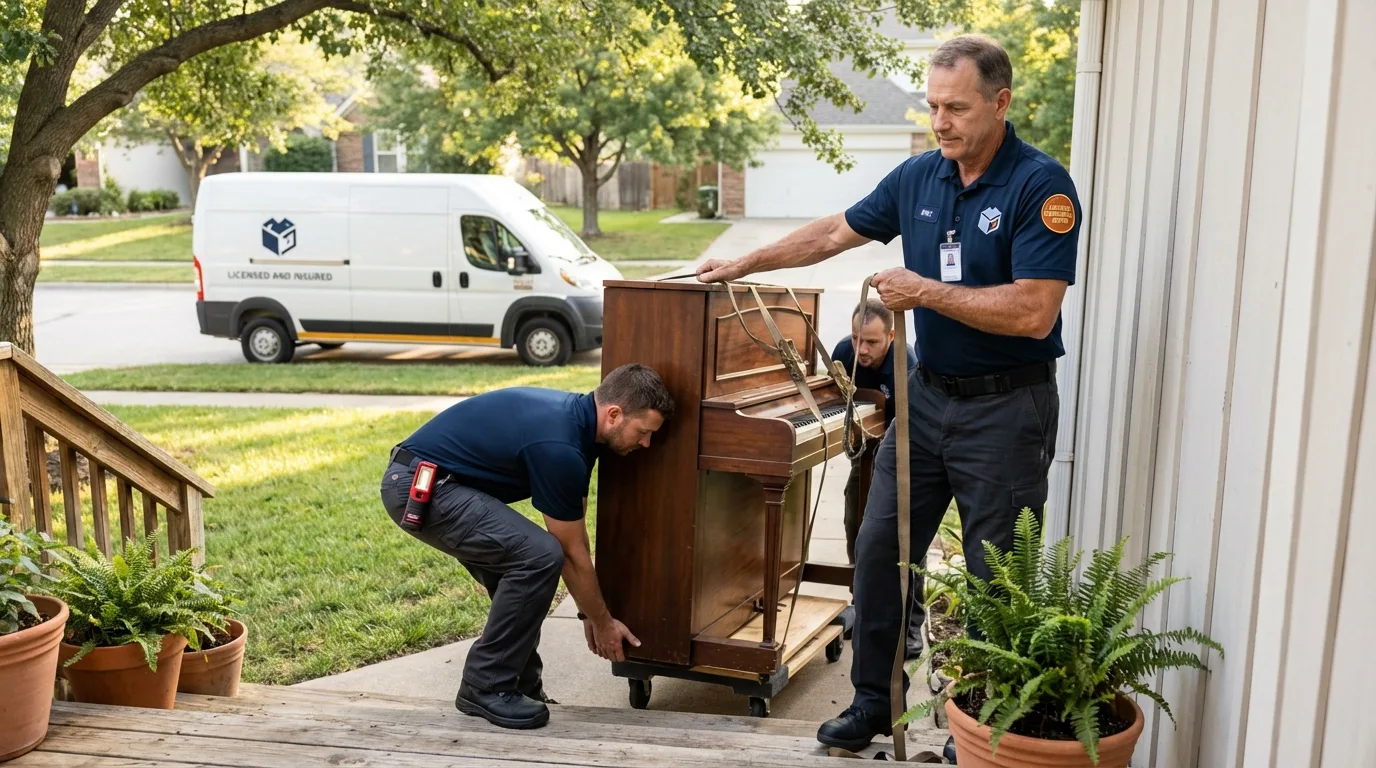 Licensed piano movers securing grand piano in Hampden, MA