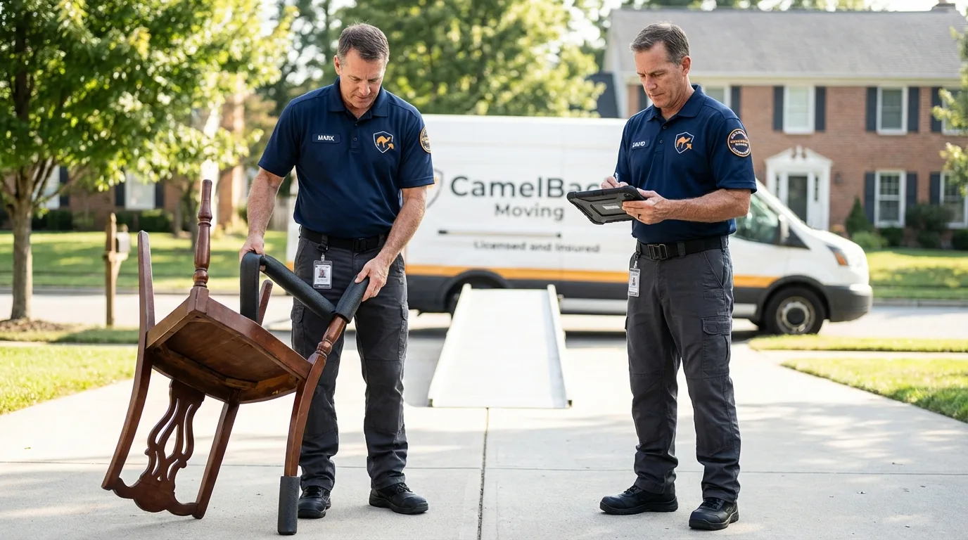 Movers inspecting furniture for damage prevention before loading in Hampden, MA